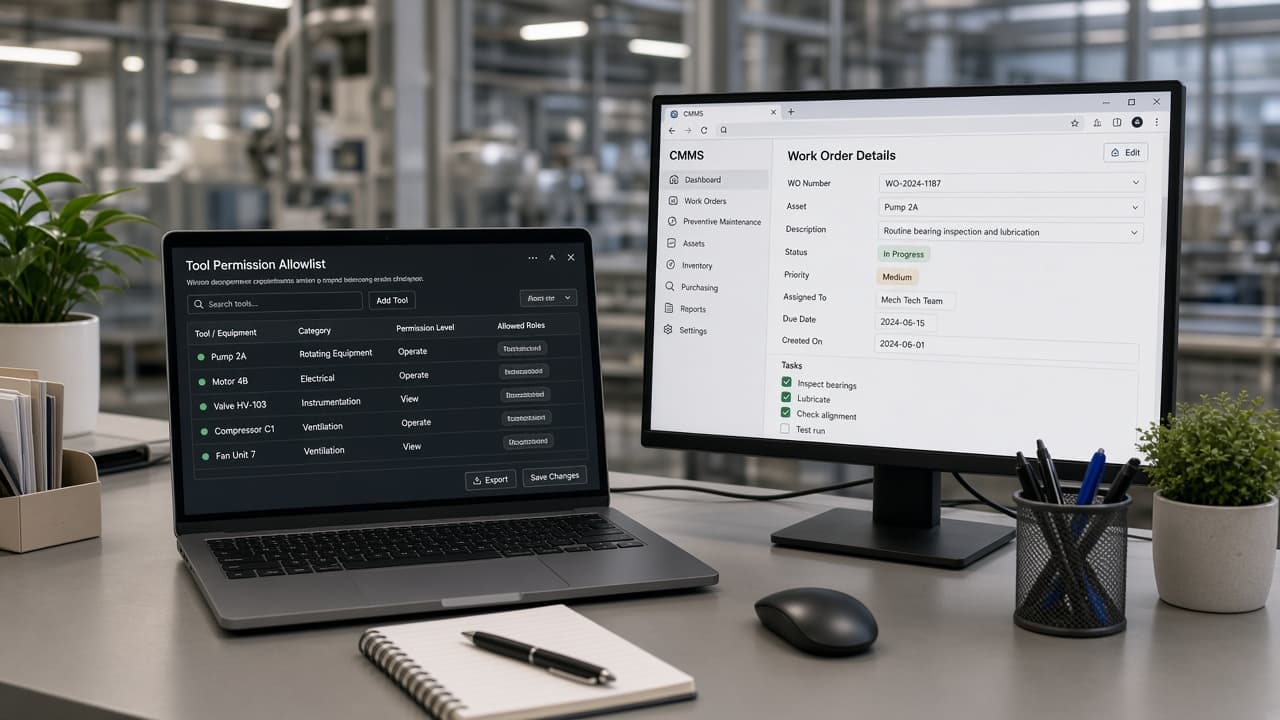 Bakım copilotları tool allowlist ister—serbest metin niyeti CMMS’e yazma izni değildir