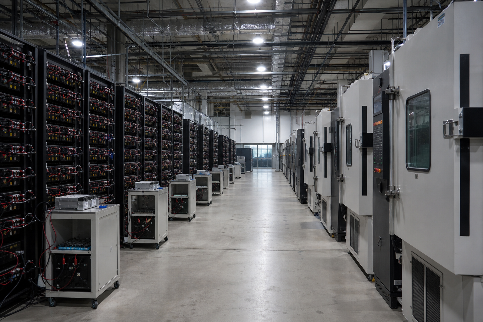 Aging and cycling hall with long aisles of thermal chambers