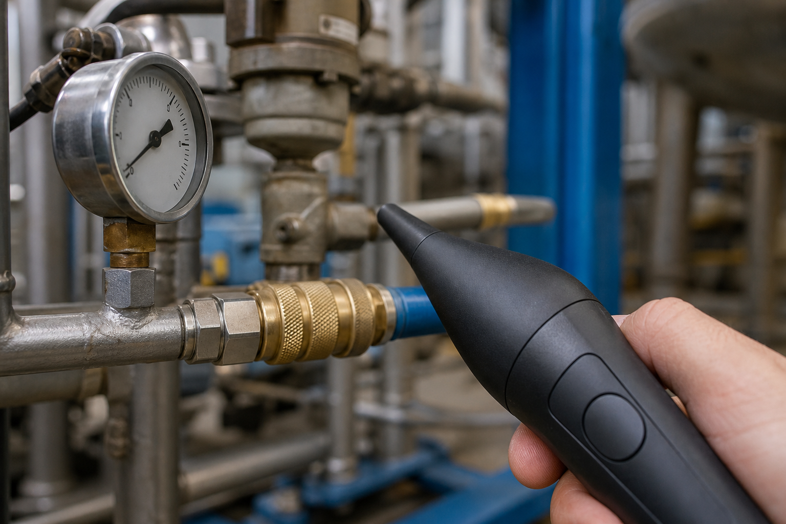Ultrasonic leak detector at a compressed-air coupling