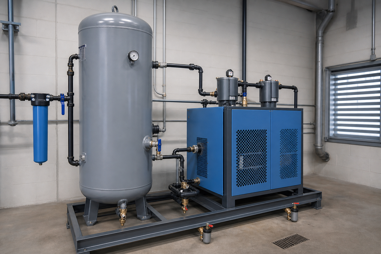Air receiver and dryer skid in a compressor room
