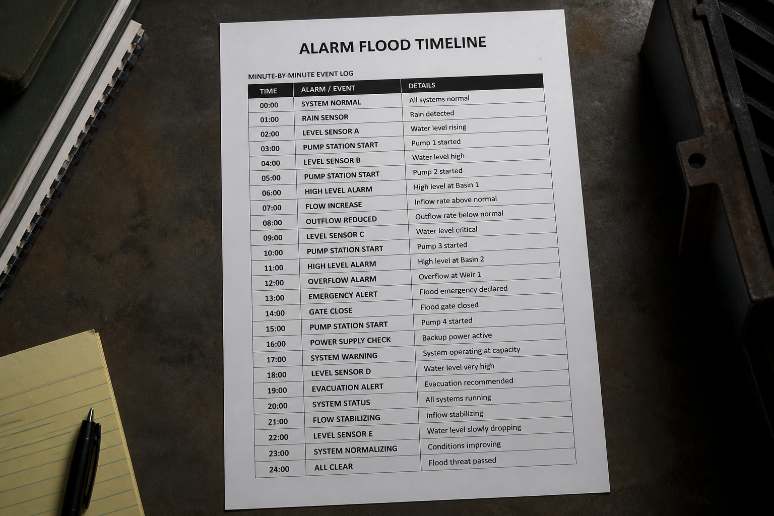 Printed minute timeline of alarm flood AF-90