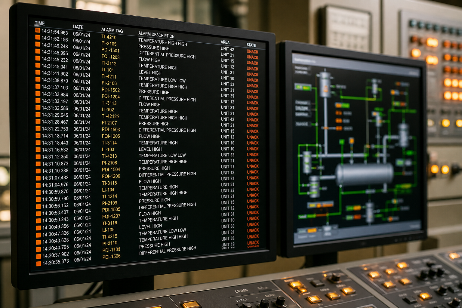 Control room HMI during alarm flood with scrolling alarm list