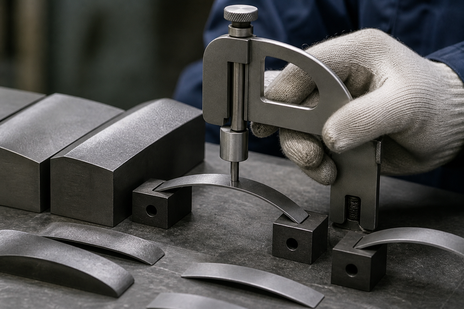 Almen intensity test blocks and curved strips measured after peening