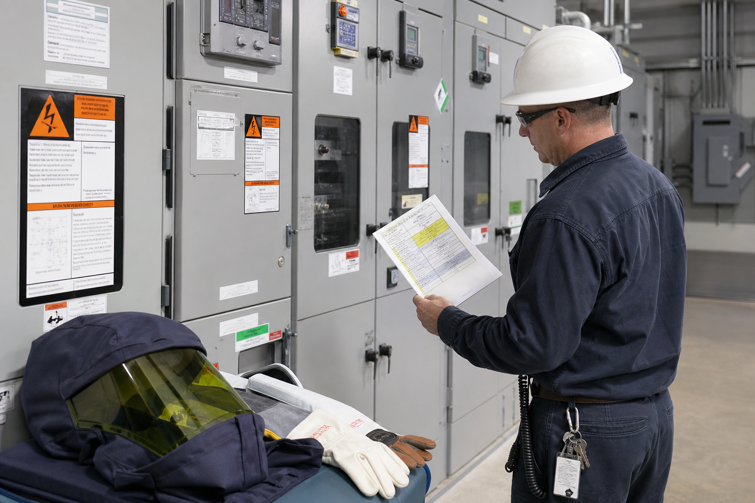 Engineer reviewing arc-flash labels on switchgear