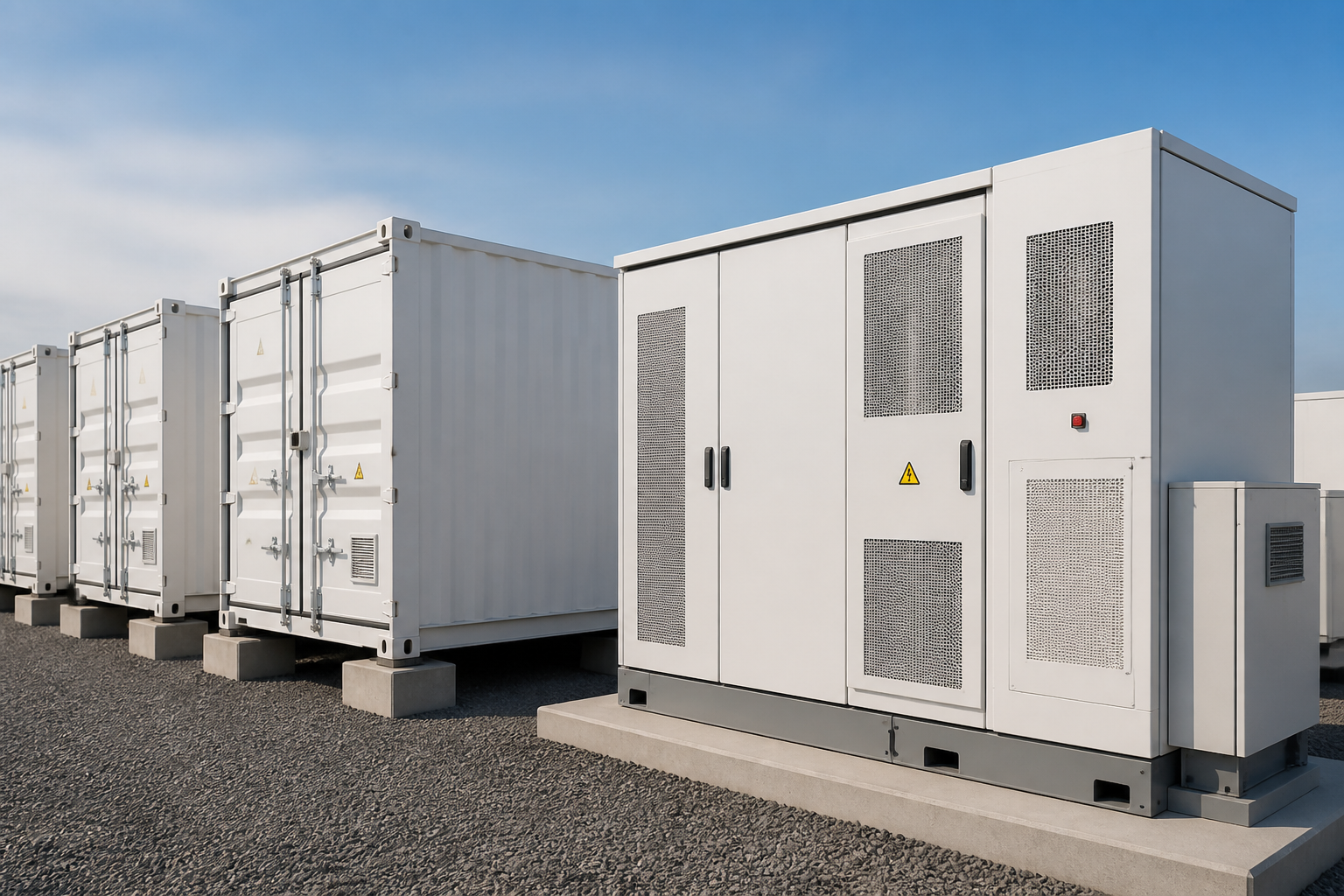 BESS container and PCS skid outside industrial building
