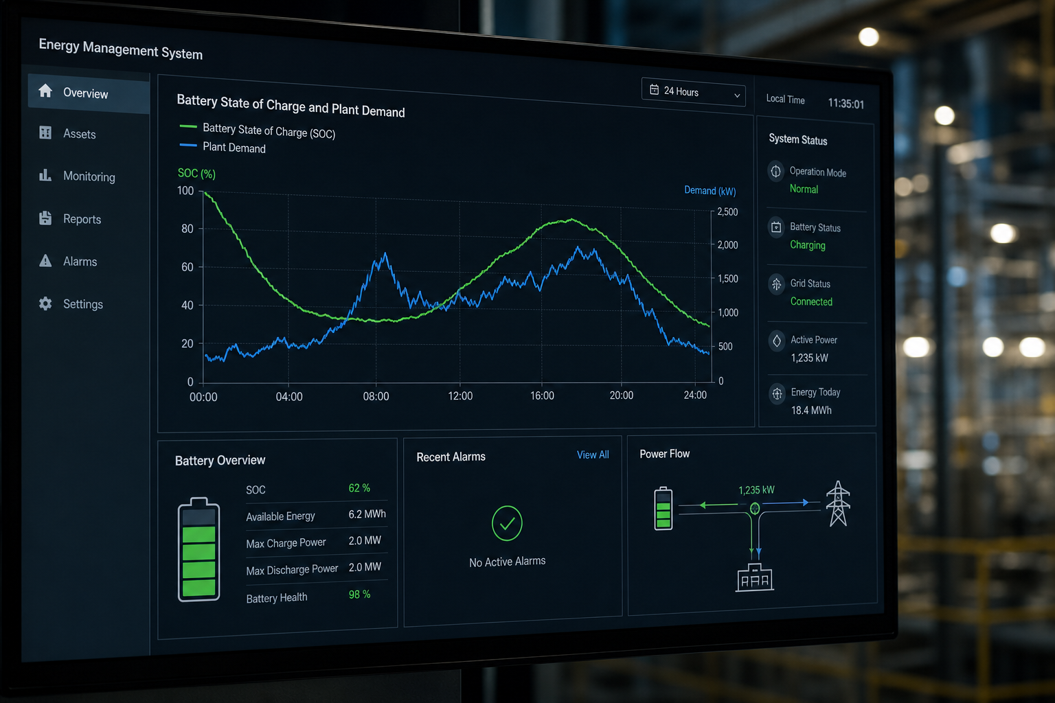 EMS screen showing SOC curve and plant demand overlay