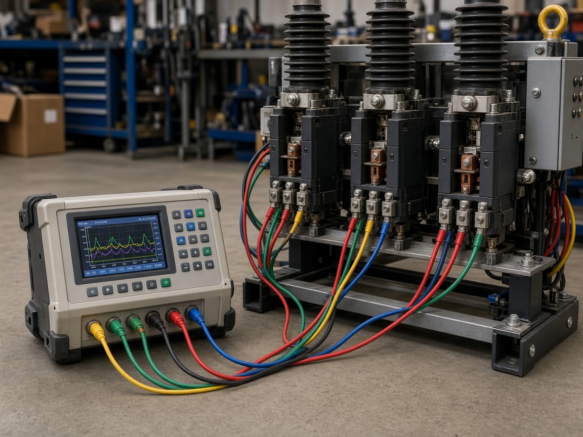 Breaker timing analyzer cables on a VCB under test