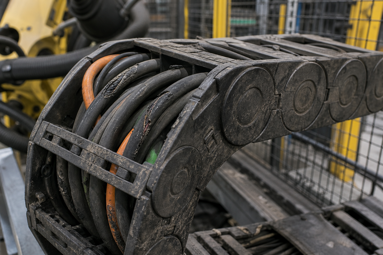 Cable carrier wear at bend radius on an industrial robot dress pack