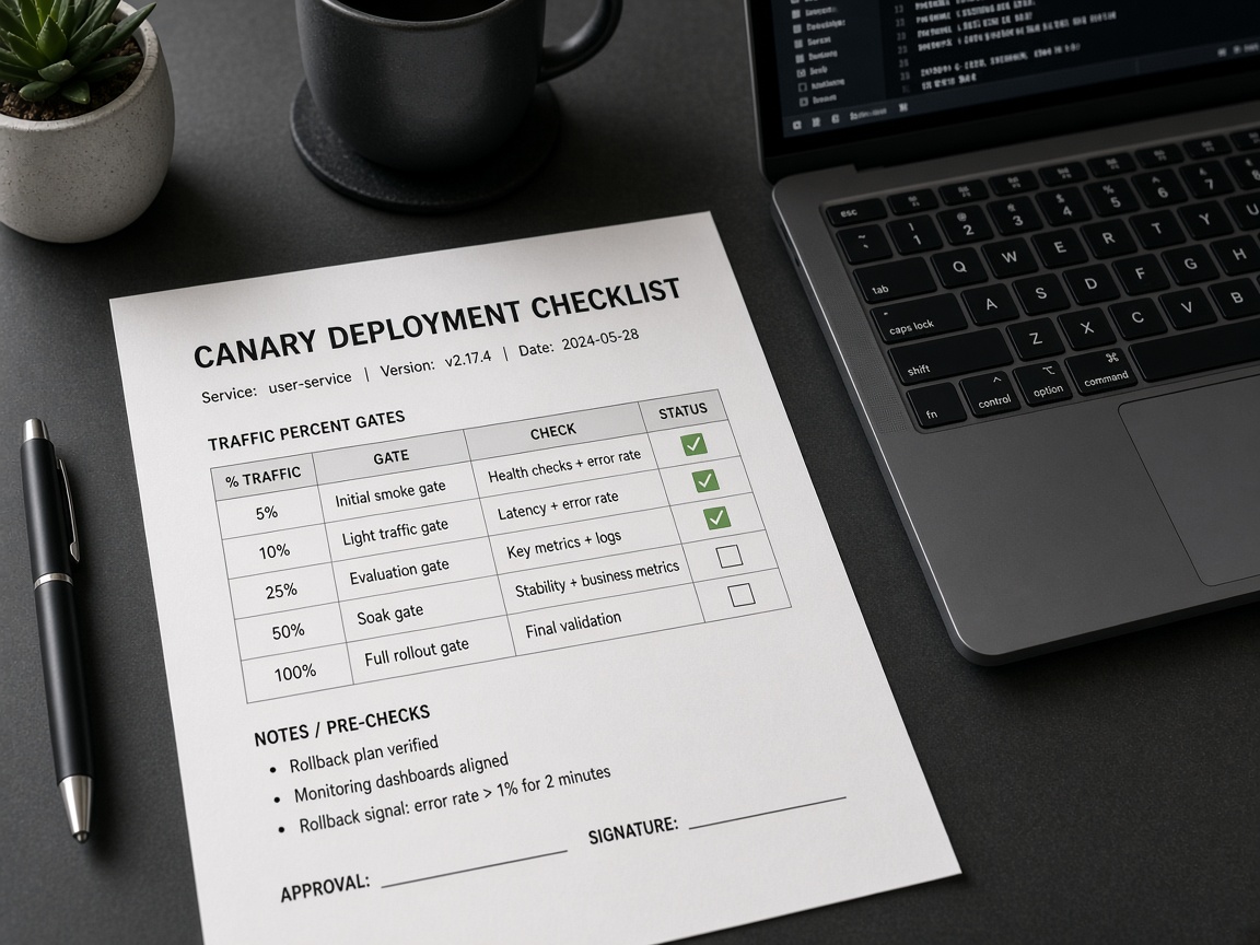 Printed canary deployment checklist with percent gates