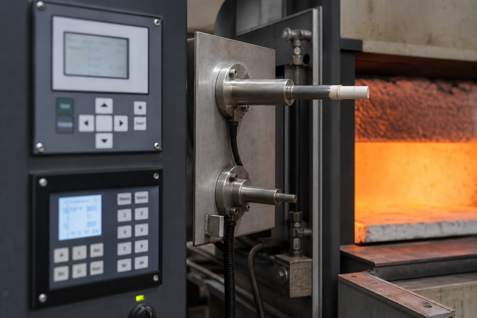 Oxygen probe and carbon-potential analyzer panel beside a heat-treat furnace