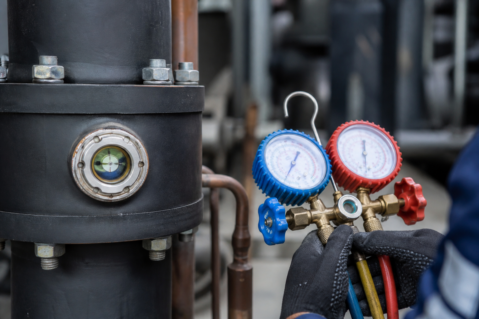 Sight glass and manifold gauges during a chiller subcooling check
