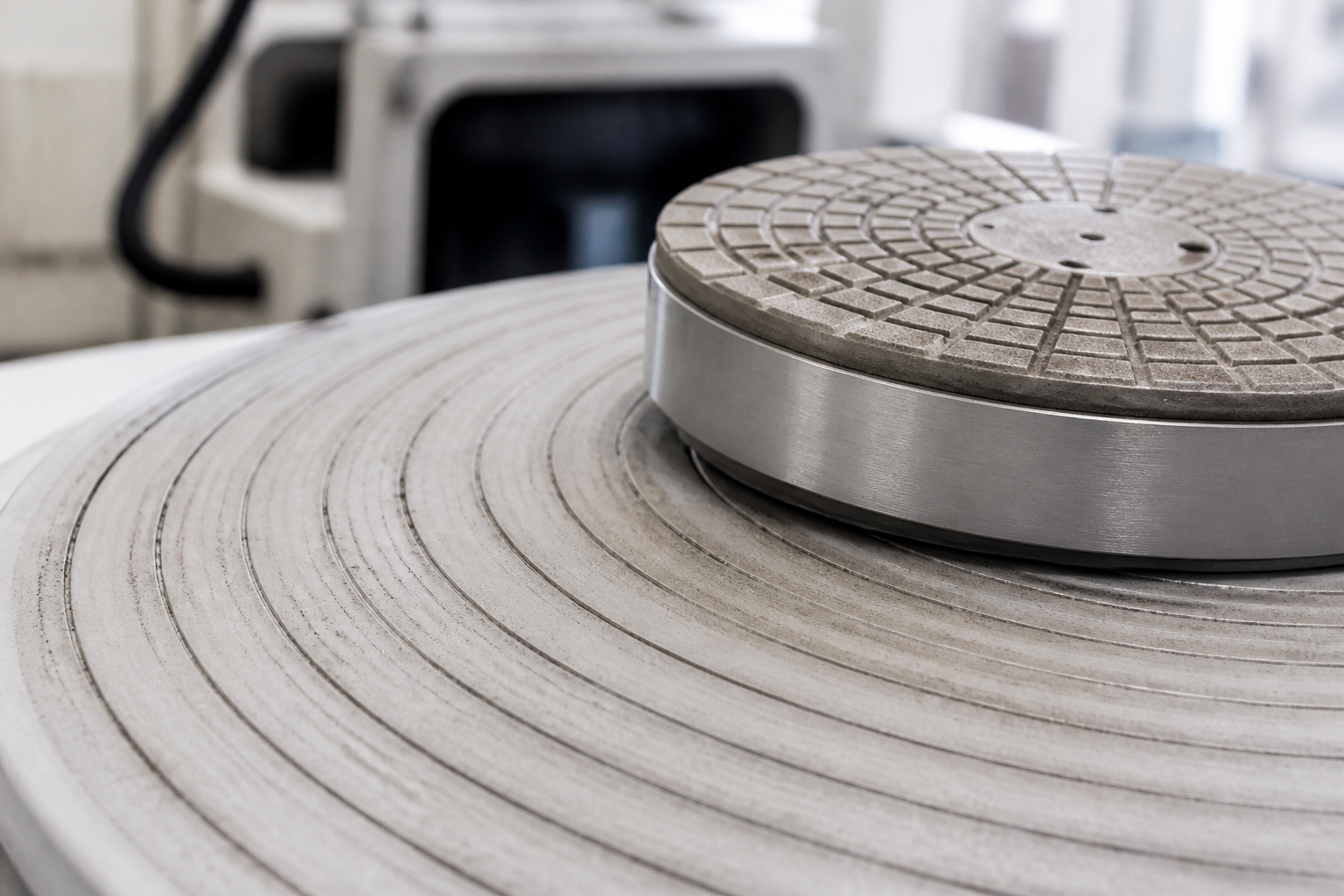 Worn CMP pad grooves beside a diamond conditioner disk