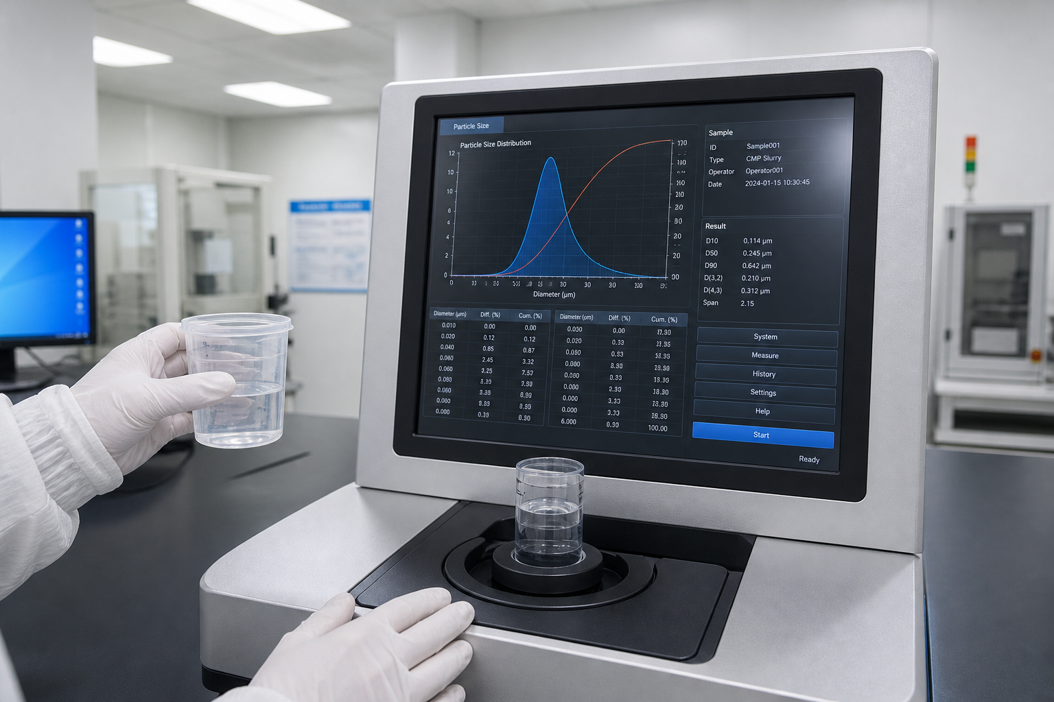 CMP slurry particle size analysis being performed in a cleanroom, particle distribution curve visible on the analyzer screen