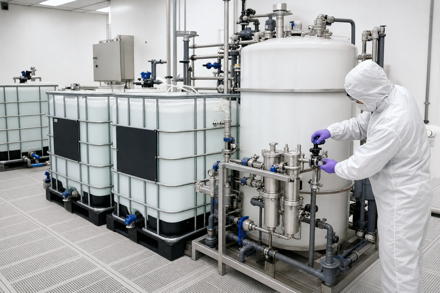 Gün tankı ve filtre skid’ine beslenen CMP slurry tote’ları