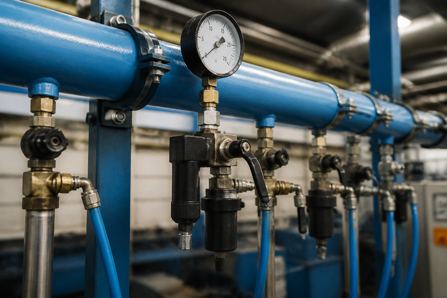 Compressed air distribution header with pressure gauges and valves in a manufacturing plant