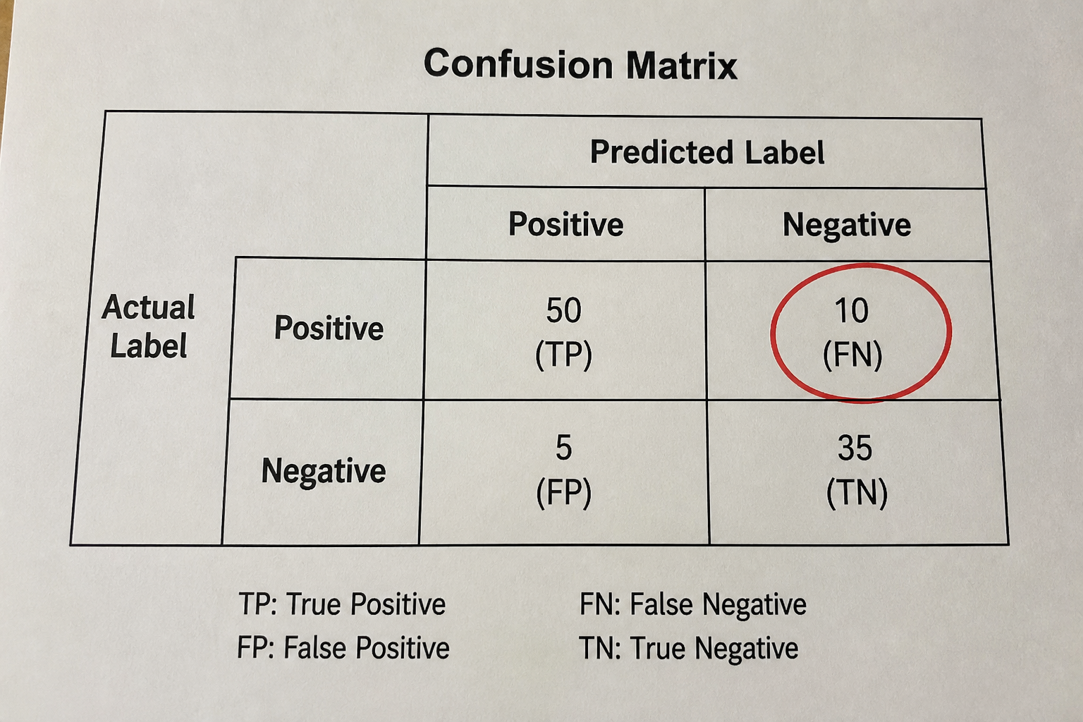 False-negative cell circled printed confusion matrix