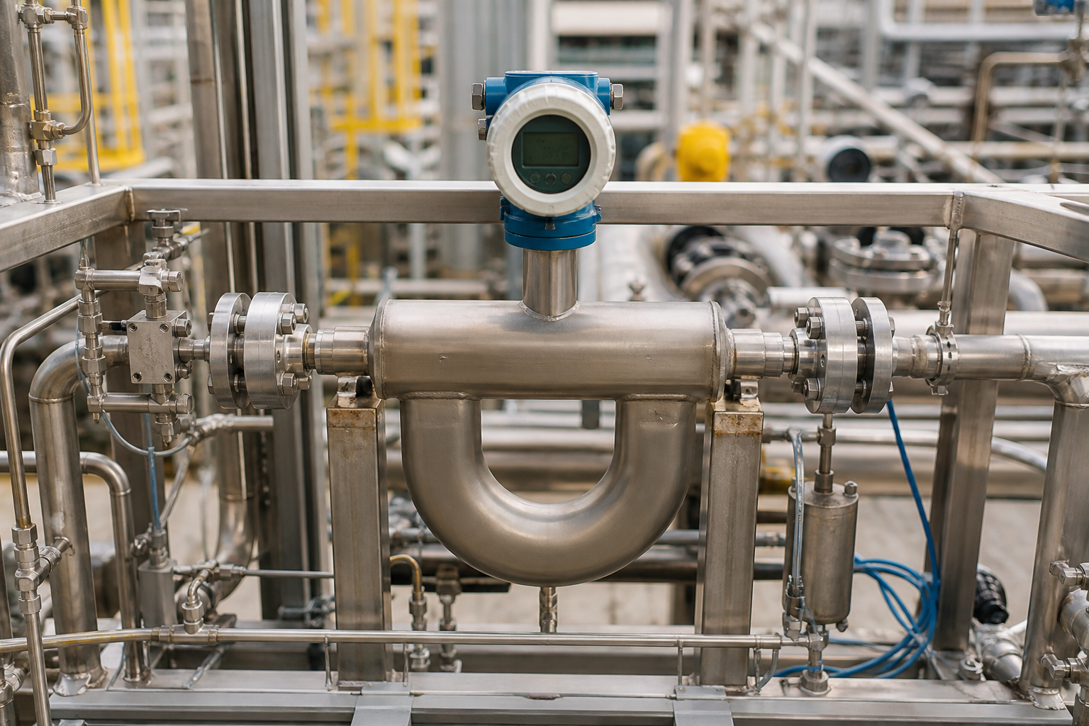 Coriolis mass flow meter on process piping