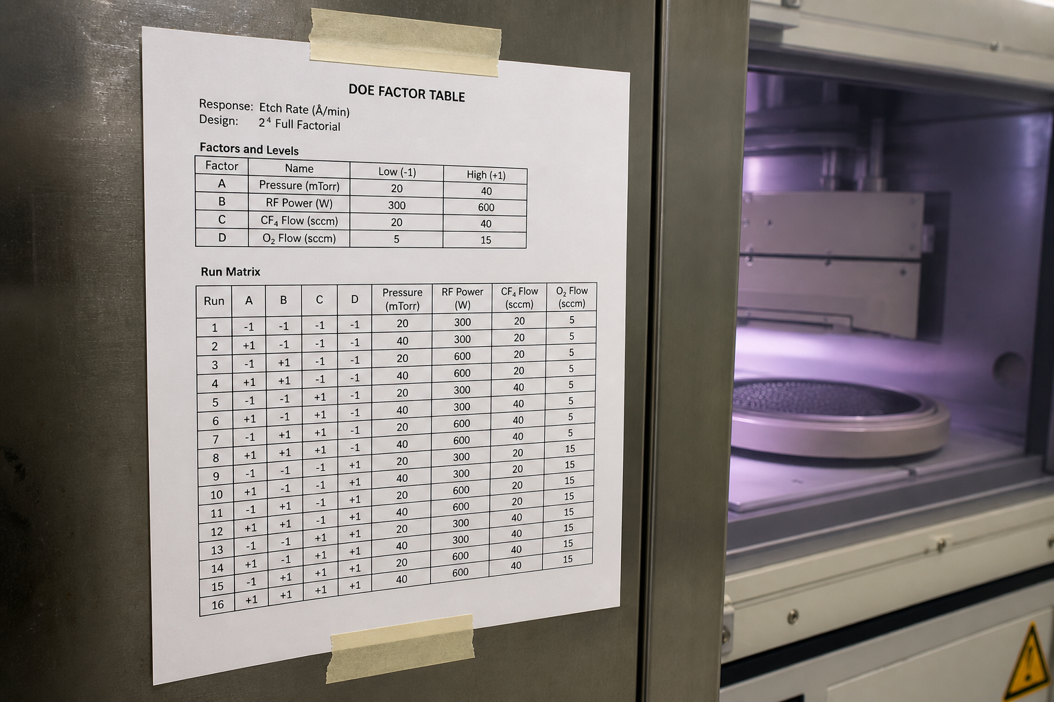 Etch bay에 print·tape된 DOE factor table
