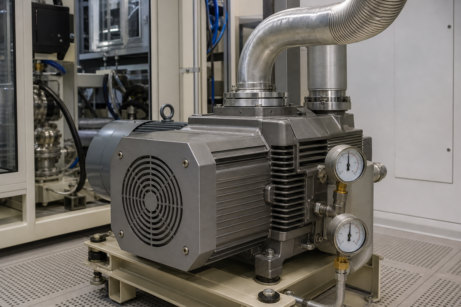 Dry vacuum pump with gauges in a fab utility area