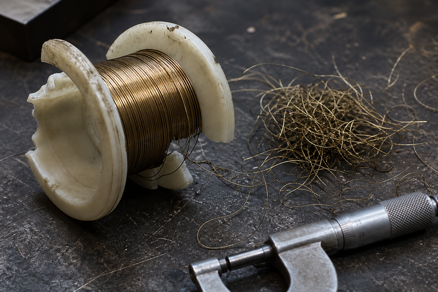 Broken EDM brass wire spool and scrap beside a micrometer