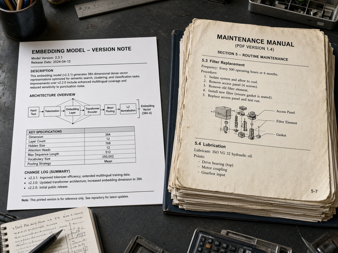 Embedding model version notes with maintenance manuals