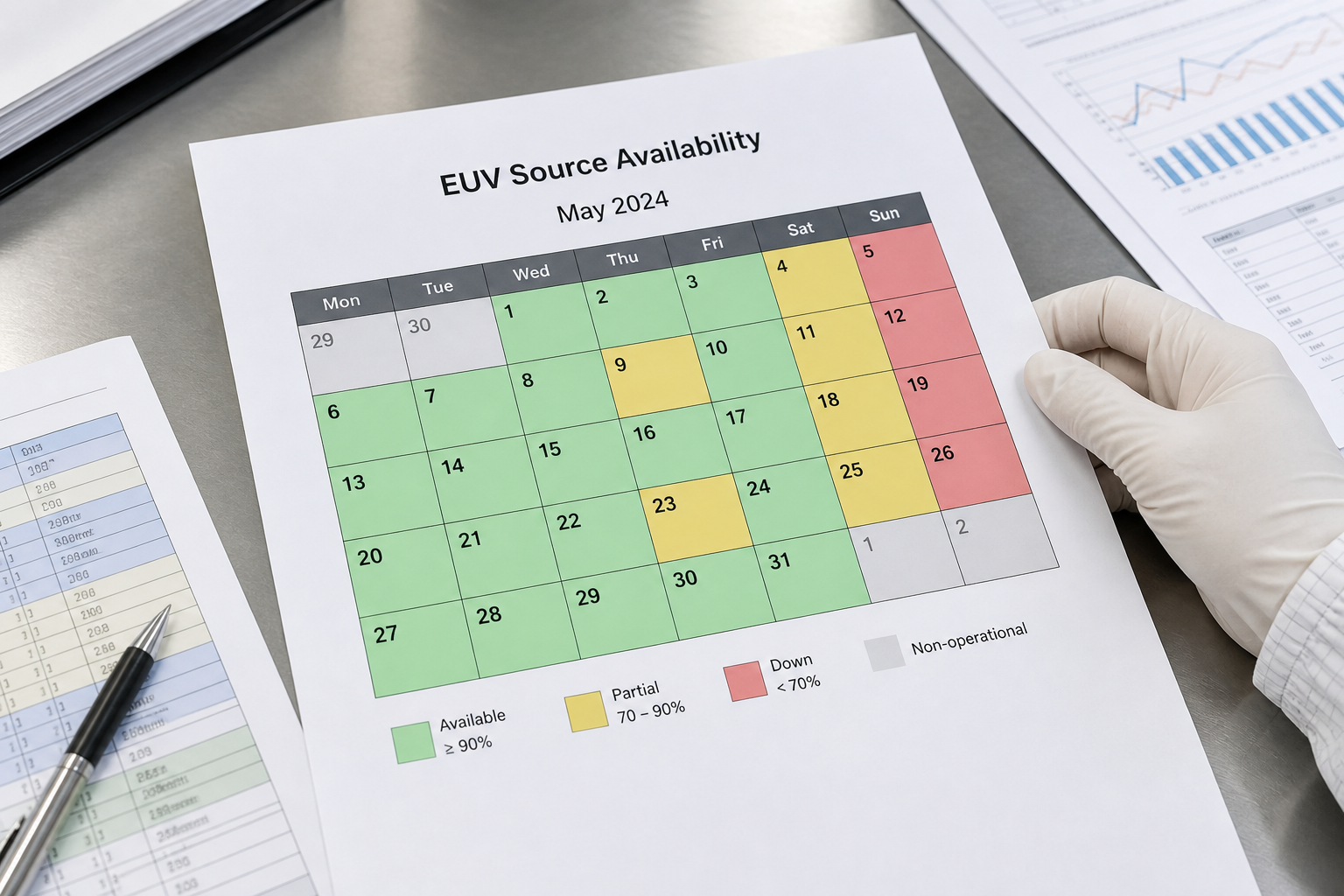 색 범례가 있는 인쇄 EUV 소스 availability 캘린더