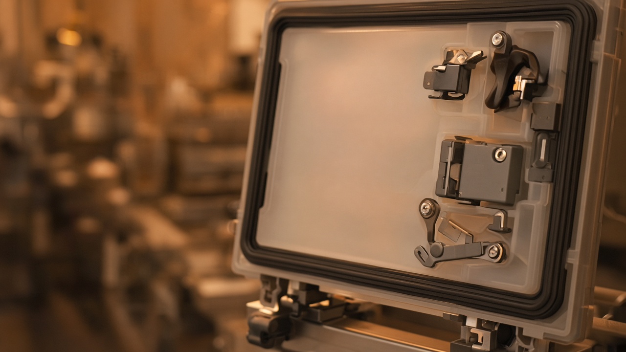 FOUP door gasket and latch hardware in close-up