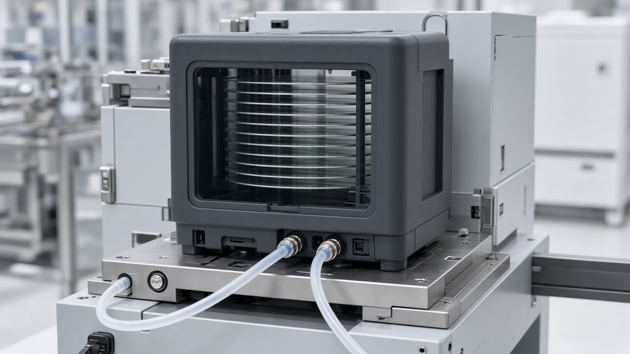 FOUP on a loadport with nitrogen purge lines connected