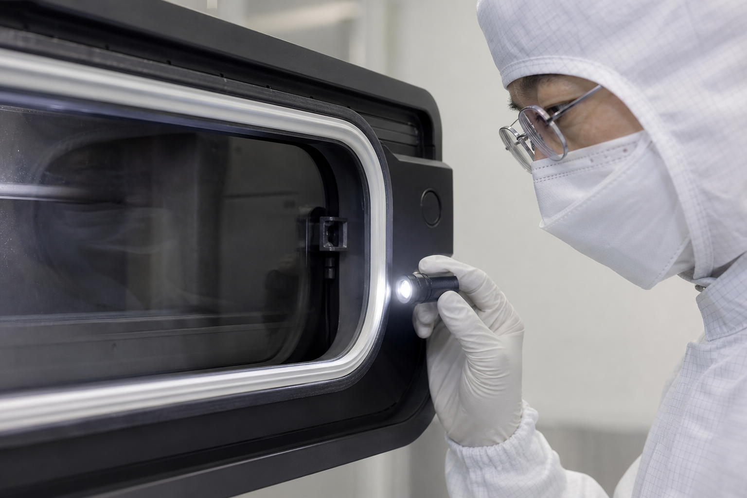FOUP interior door seal inspection under light