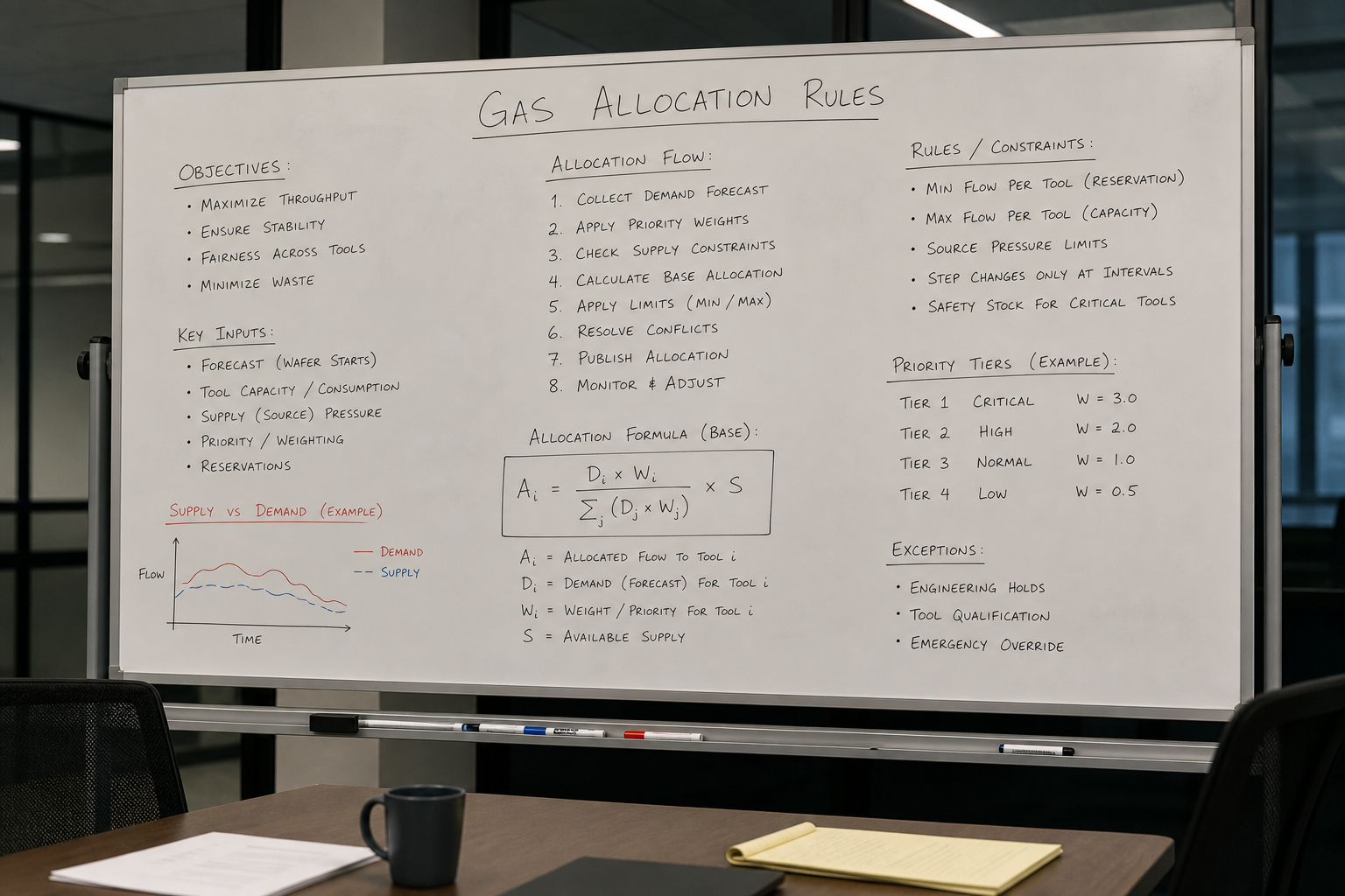War-room whiteboard with gas allocation rules