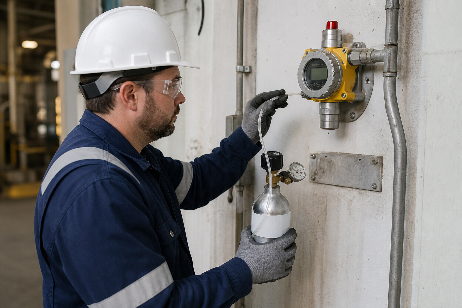 Technician performing a bump test on a fixed toxic gas detector