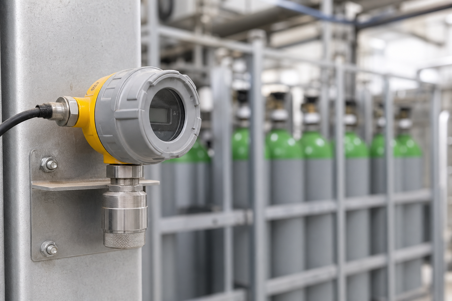Gas detector head mounted at correct height near a cylinder pad