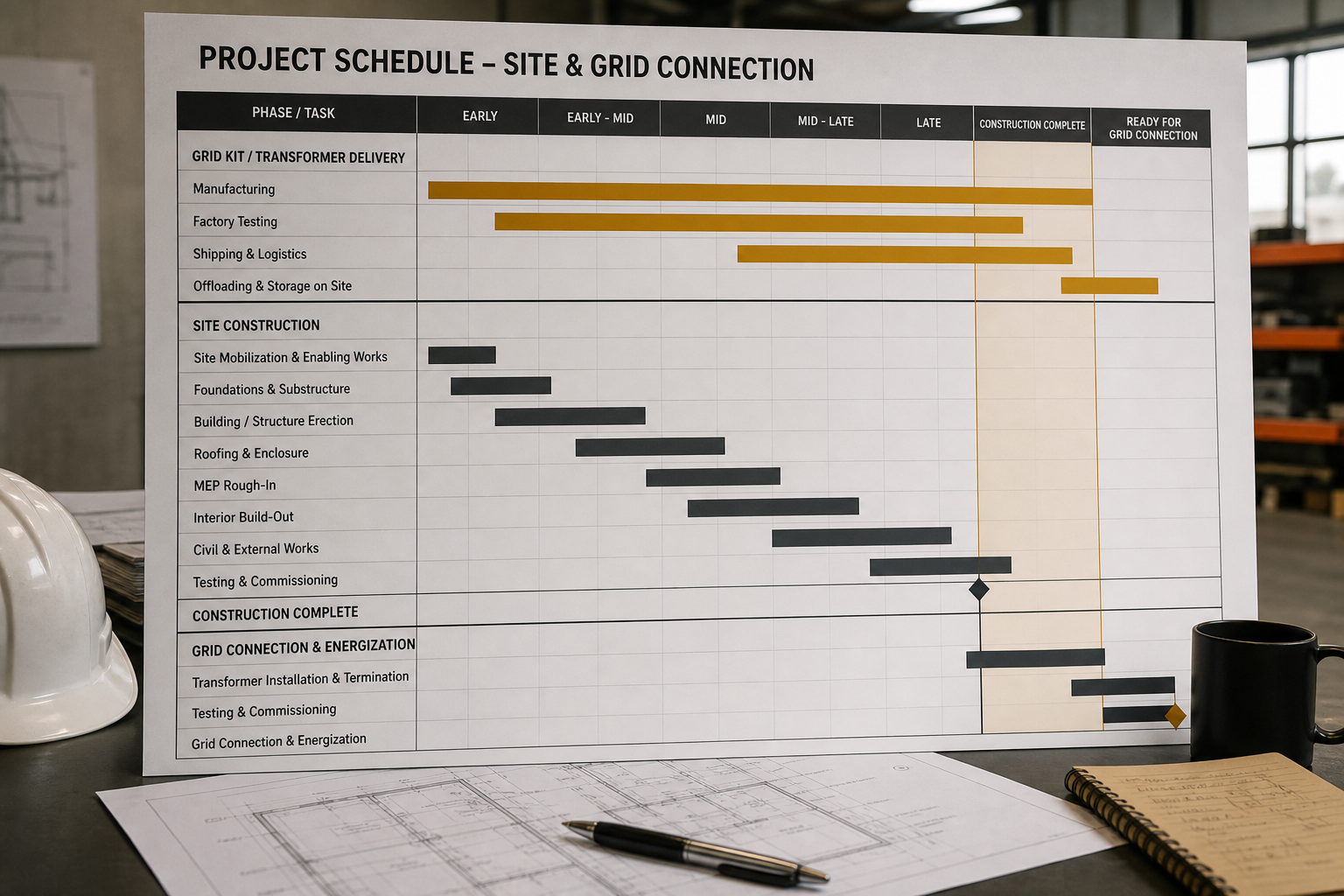 Project schedule contrast between building completion and transformer delivery