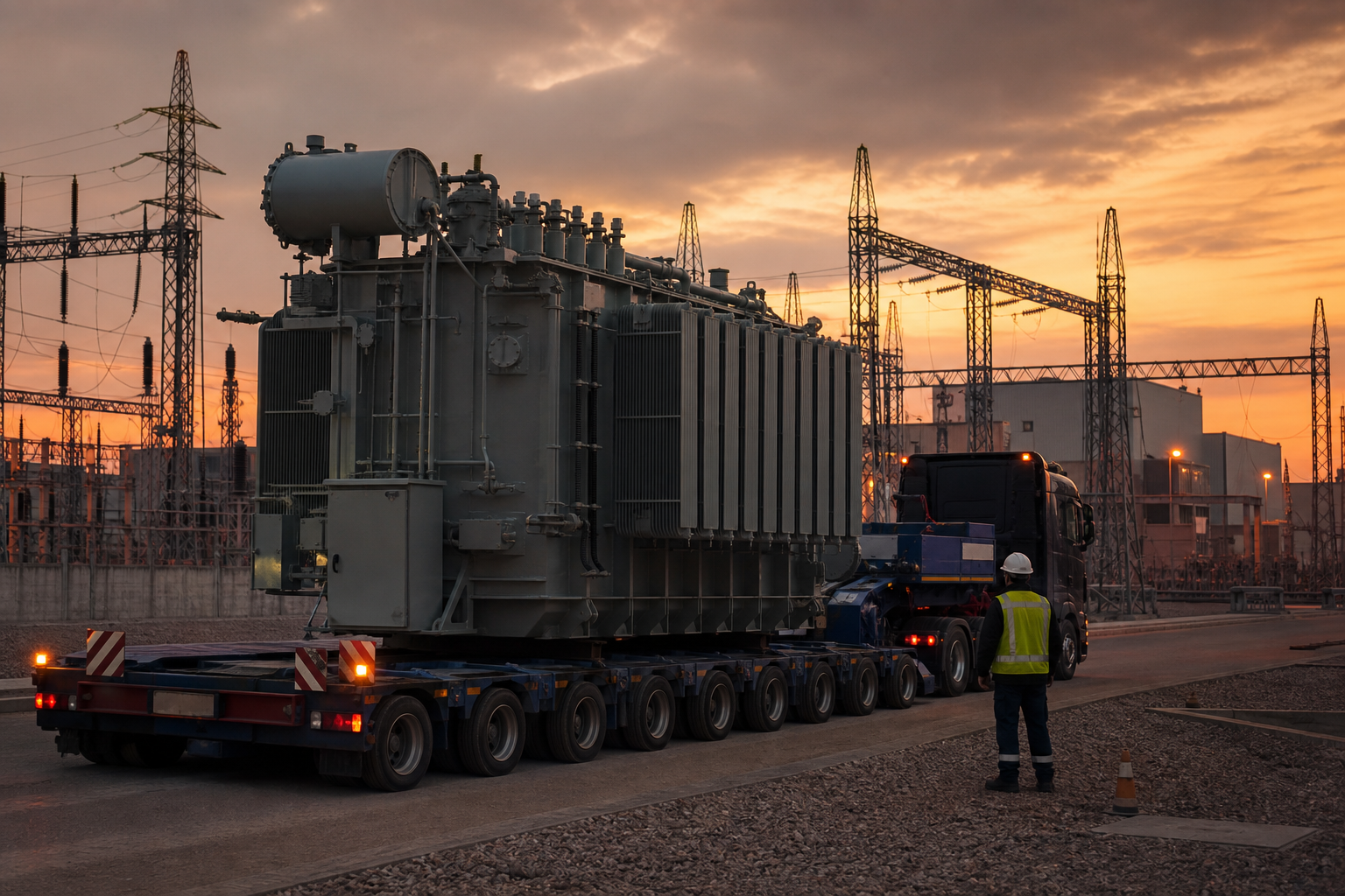 Heavy power transformer on transport arriving at a plant yard