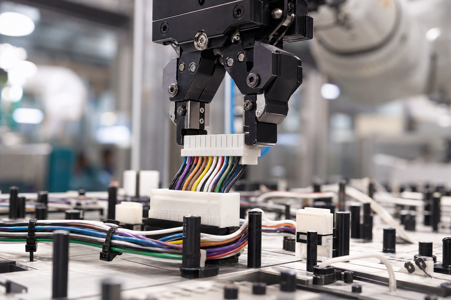 Robot gripper seating a multi-pin connector on a harness formboard