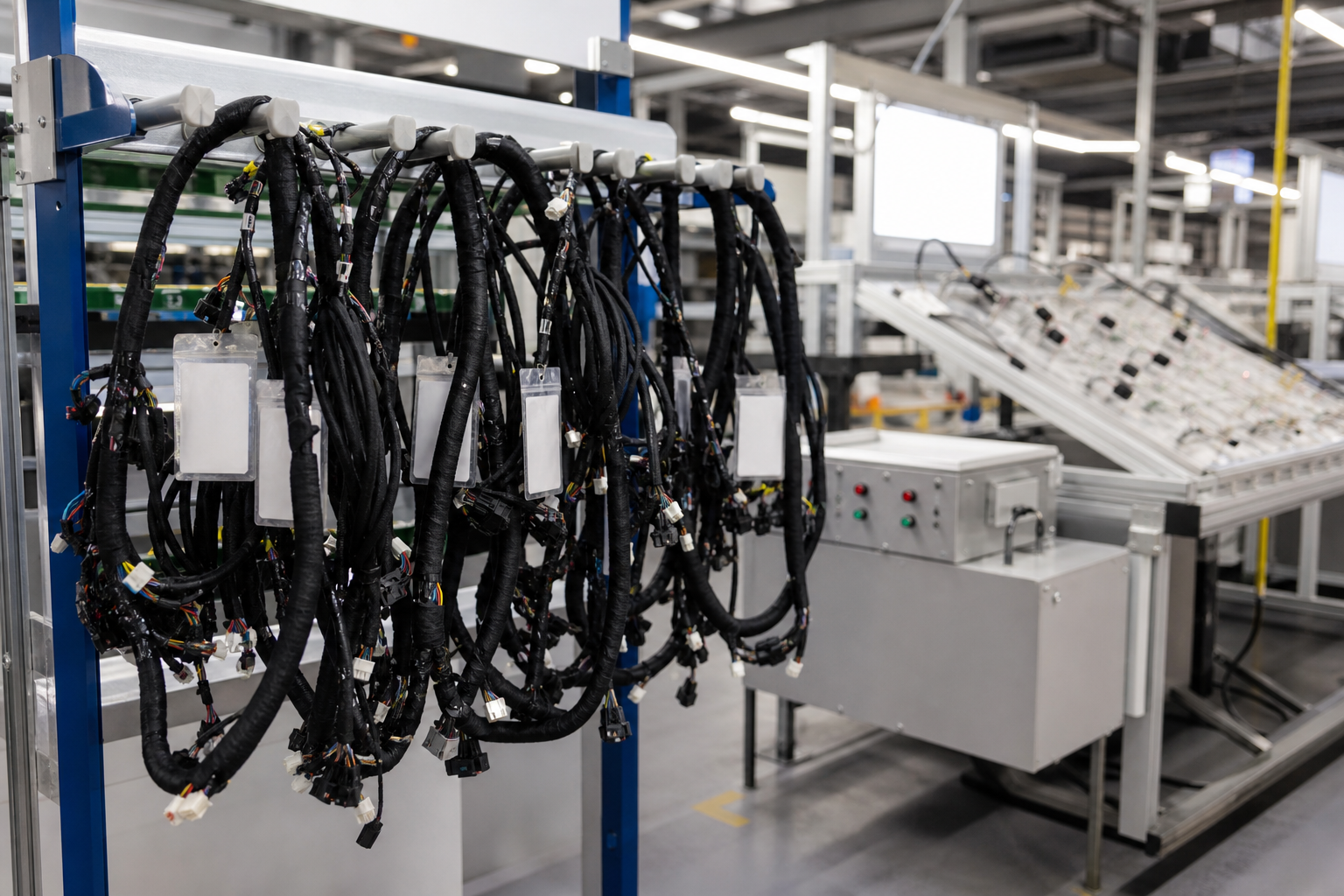 Completed wire harnesses on a rack beside end-of-line electrical test