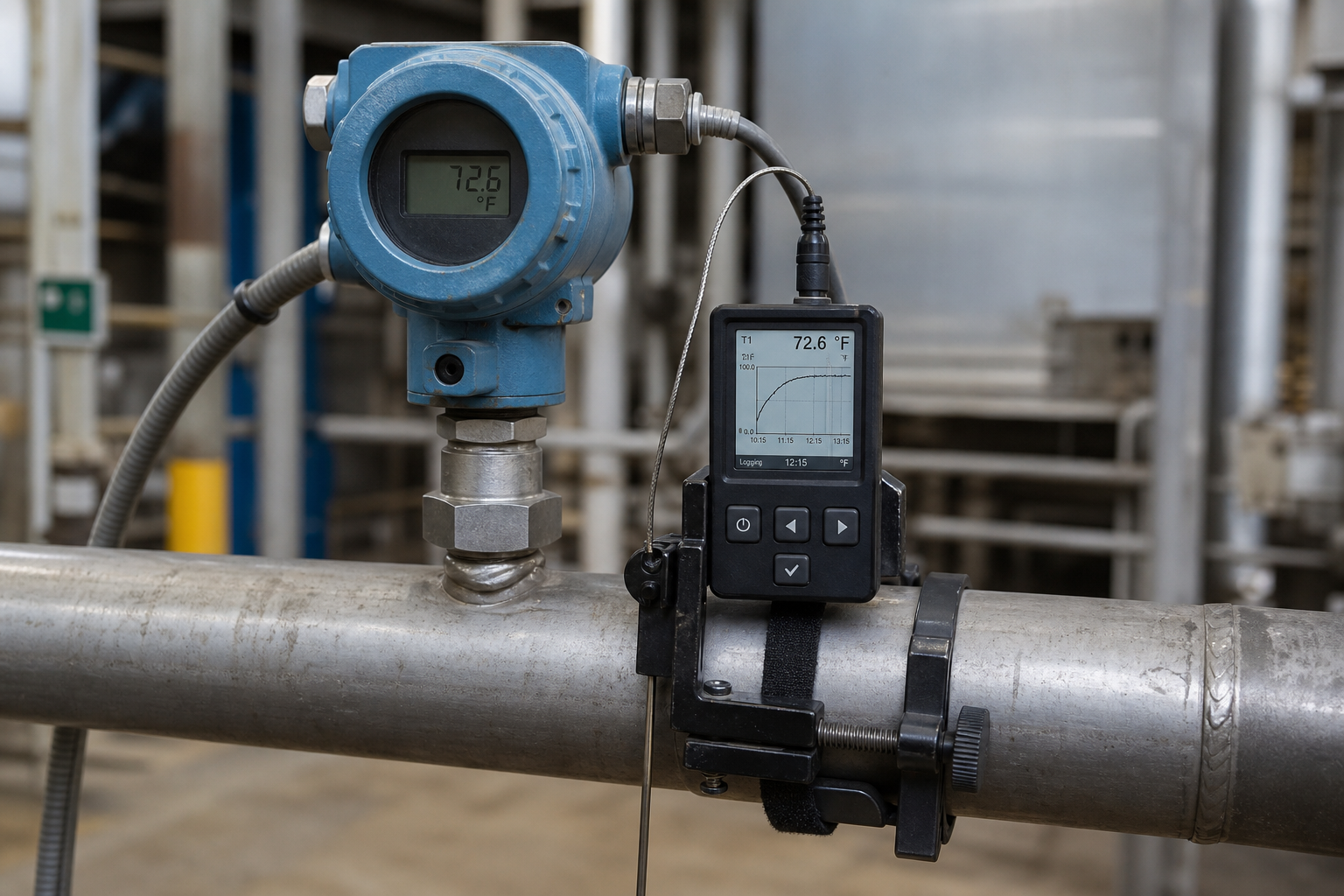 Temporary high-res logger clamped beside a field transmitter