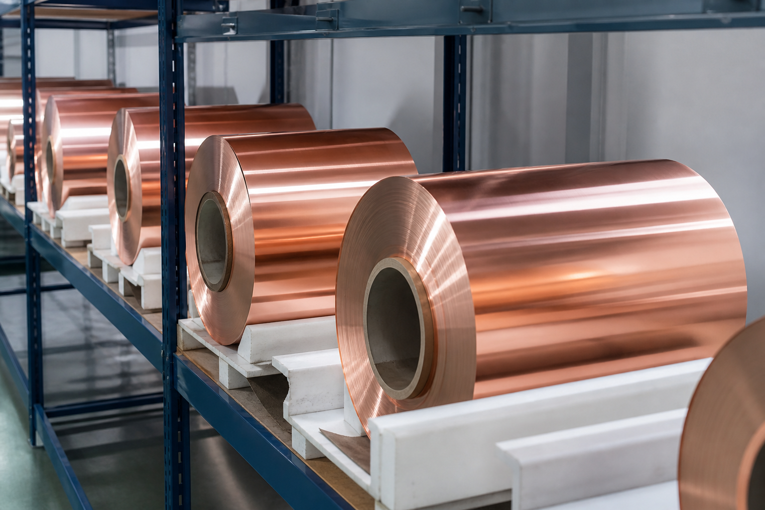 Copper foil rolls in an electronics materials warehouse