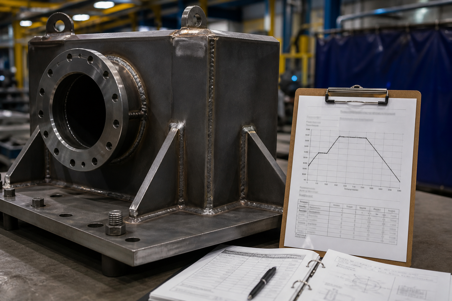 Welded assembly with bake-out time-temperature chart on traveler clipboard