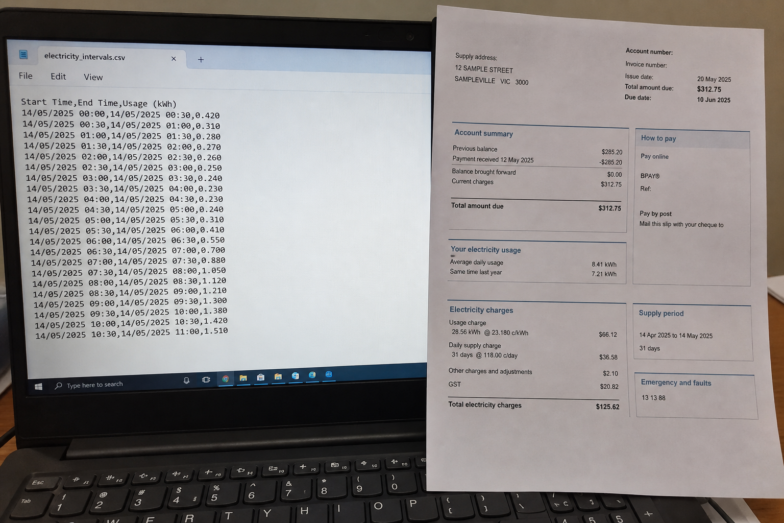 Invoice packet에 clip된 interval CSV screenshot