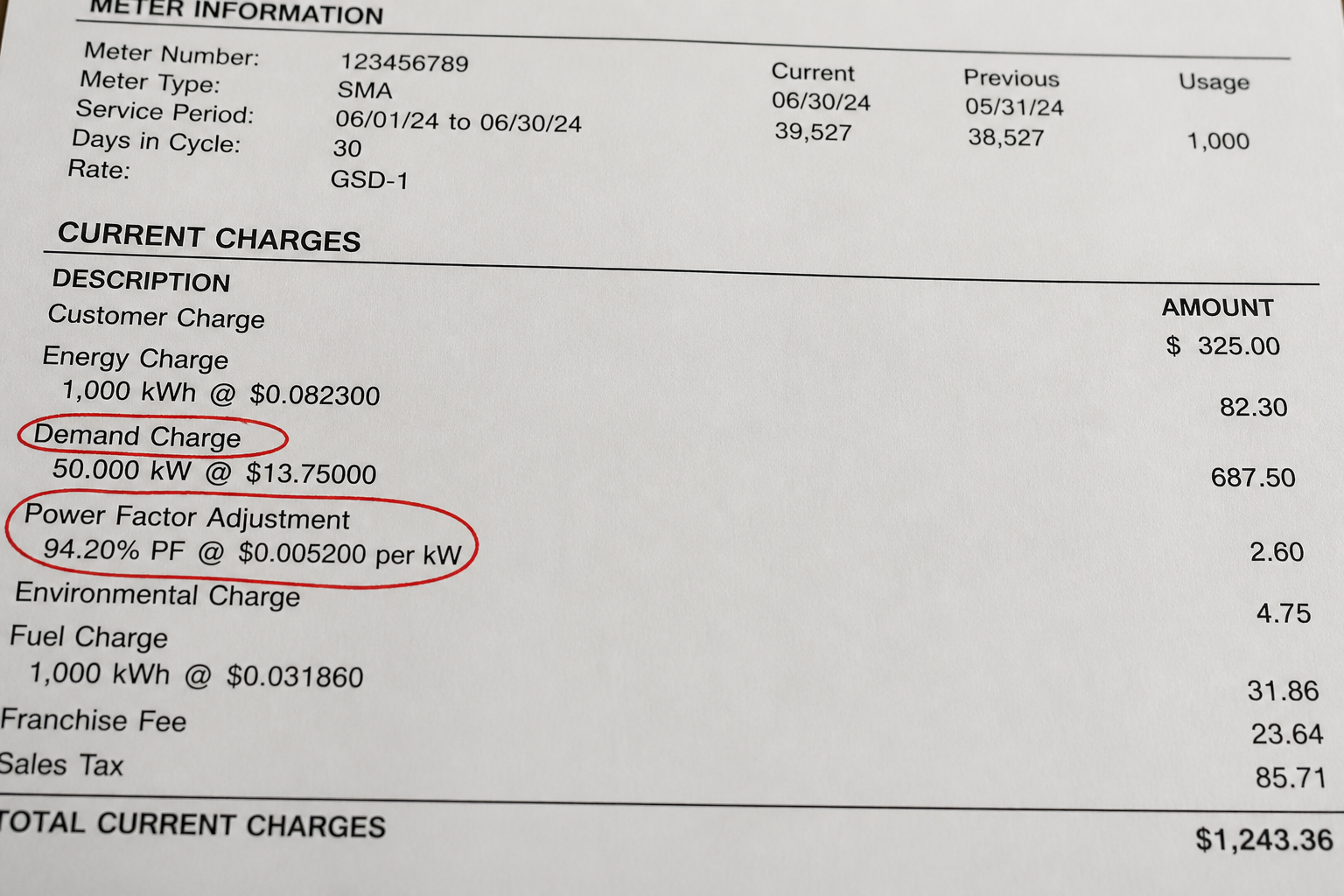 Demand·PF line에 handwritten red circle utility invoice