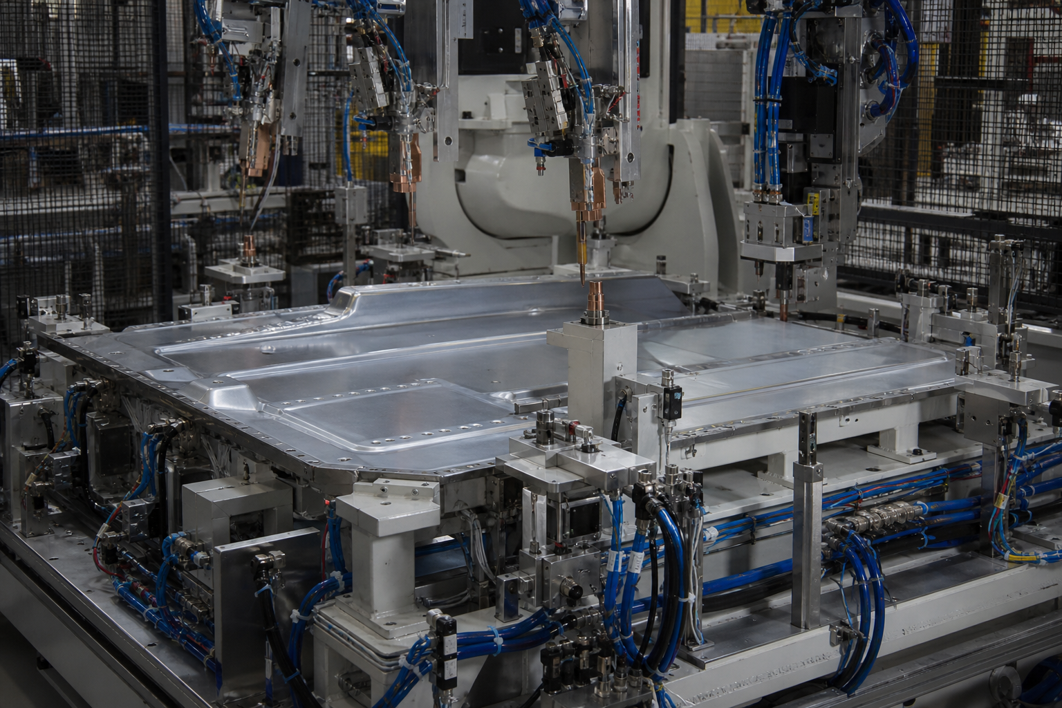 EV laser-weld fixtures with coolant and locating features