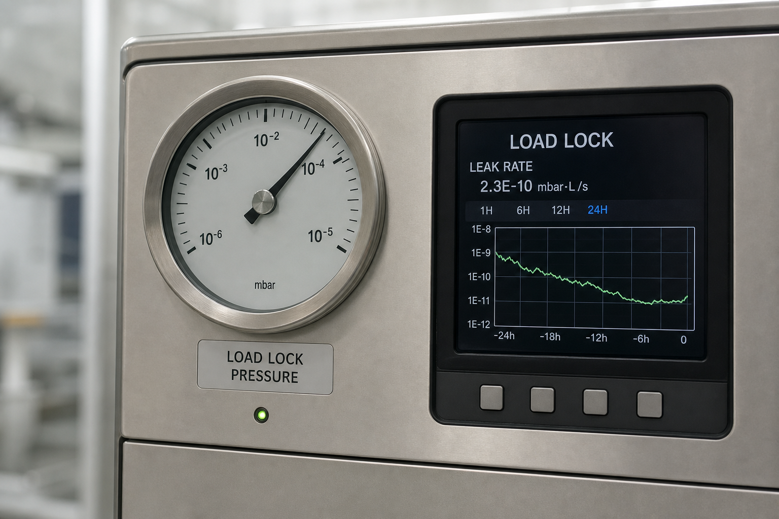 툴 패널의 로드락 압력 게이지와 leak-rate 맥락