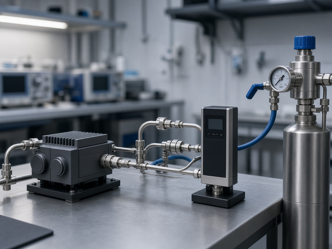 MFC on a calibration bench with a flow reference