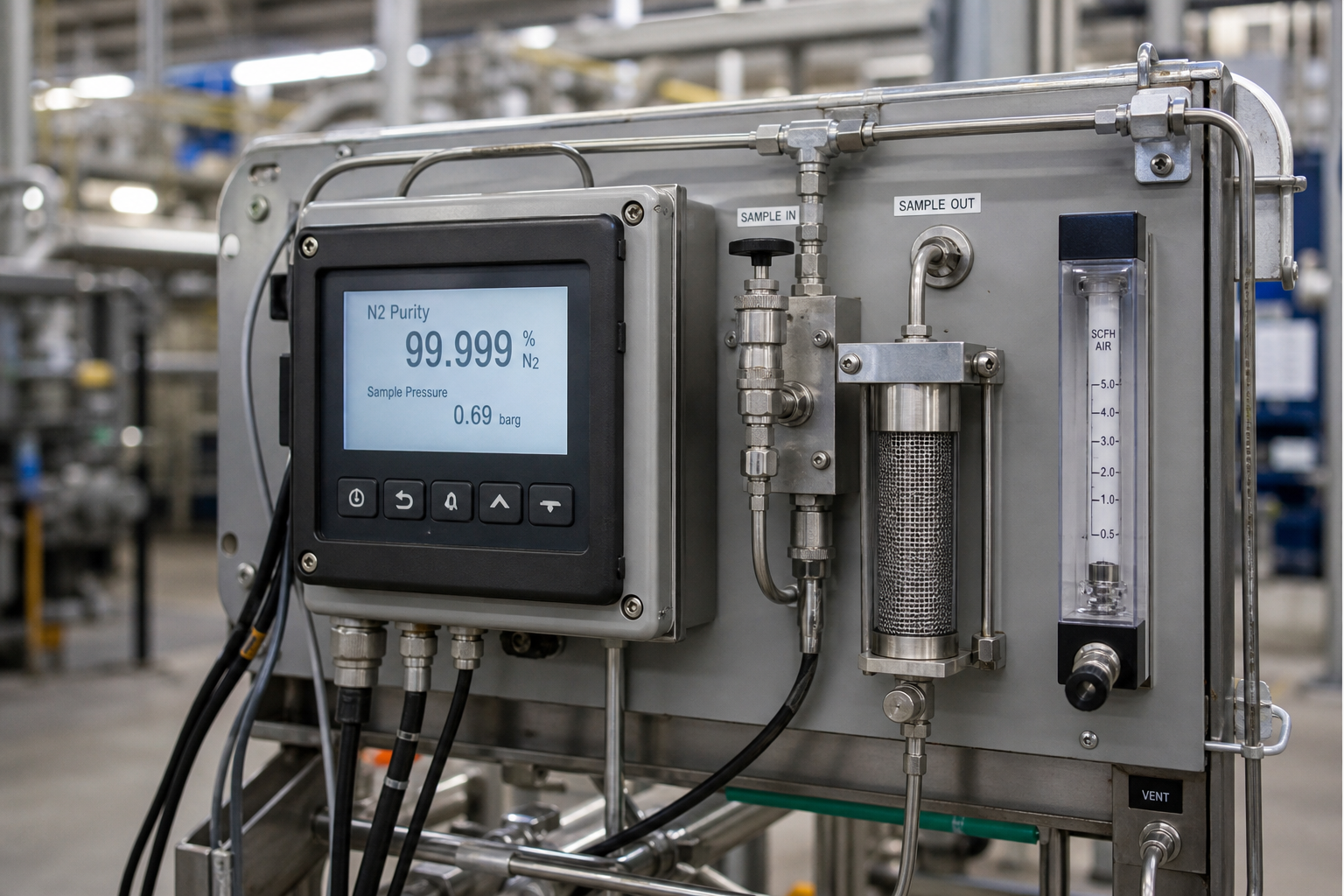 Nitrogen purity analyzer panel on a generation skid