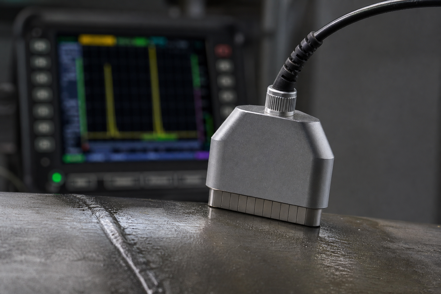 Ultrasonic probe coupled to metal for NDT