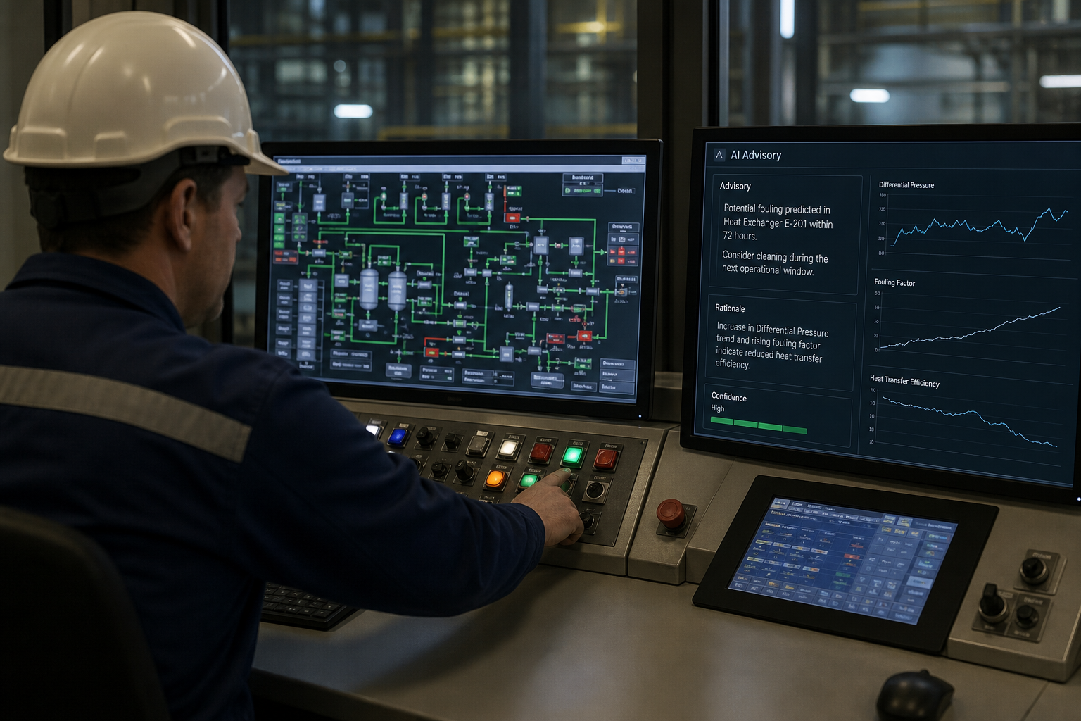 Operator at HMI with advisory UI nearby