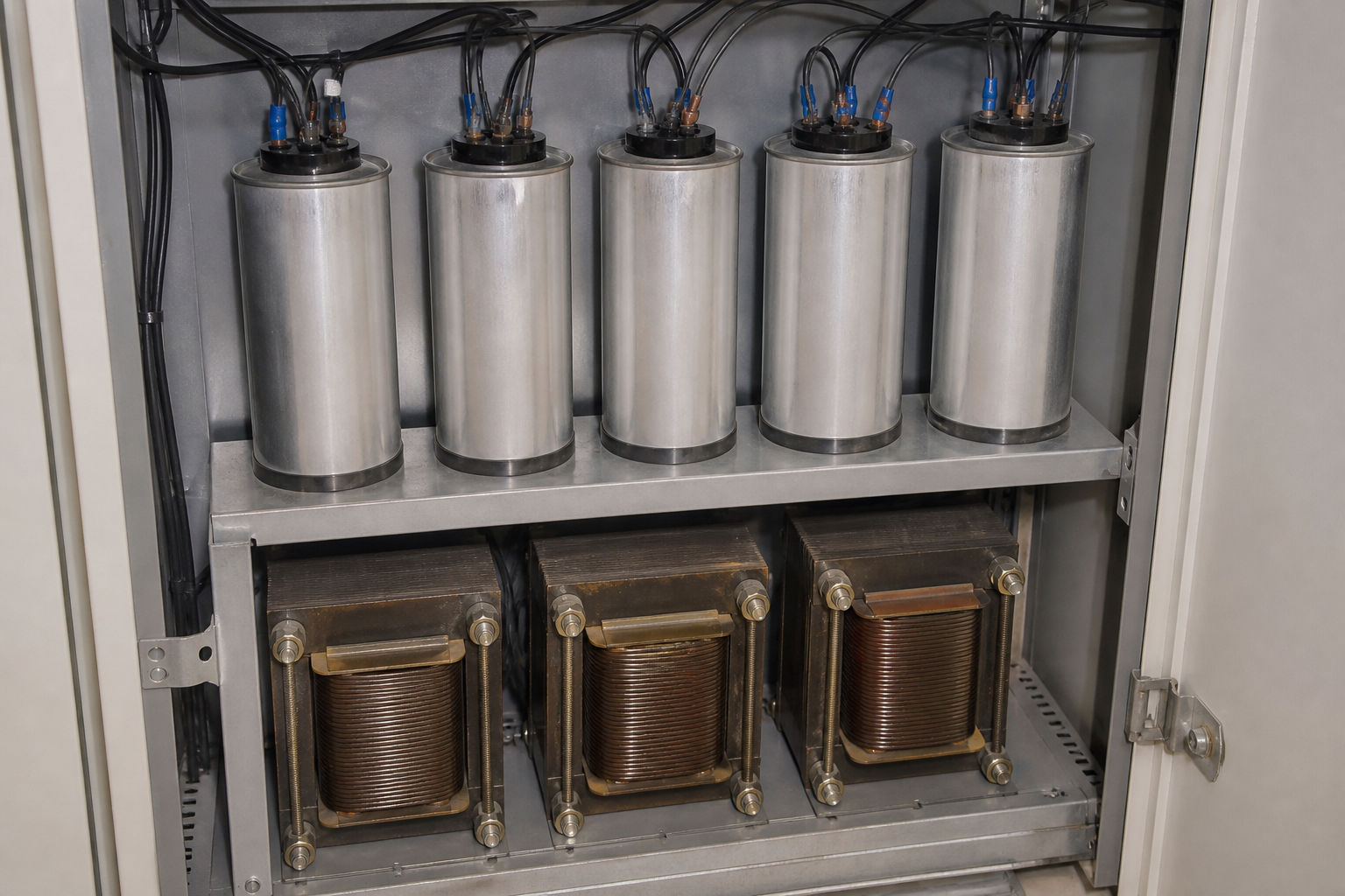 Capacitor cans and detuning reactors inside a PFC cabinet
