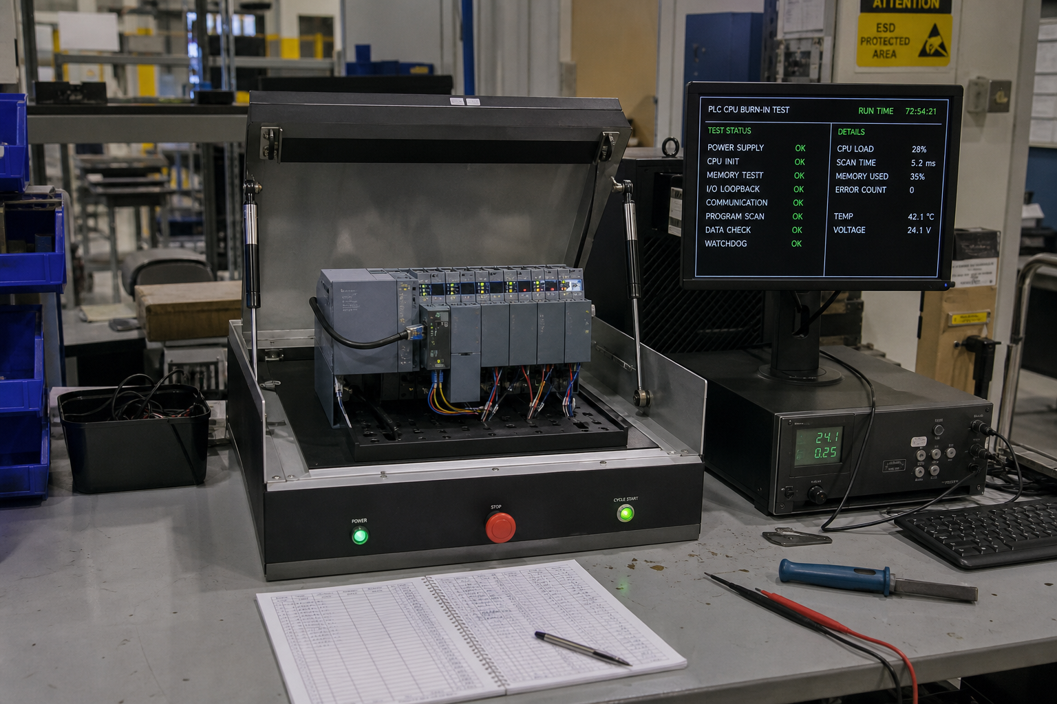 Stoklamadan önce PLC CPU yanma testi için tezgâh test düzeneği