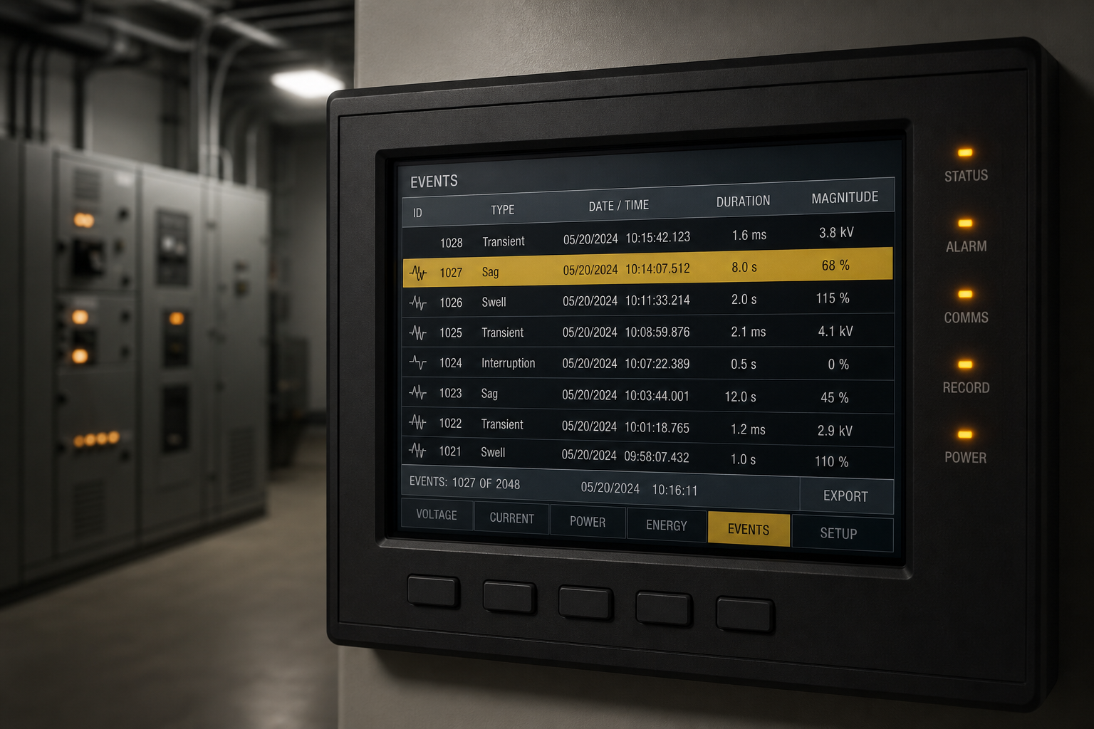 PQ-221 vurgulu PQ monitÃ¶r HMI olay listesi